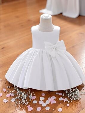 White Satin Flower Girl Dress with Bow